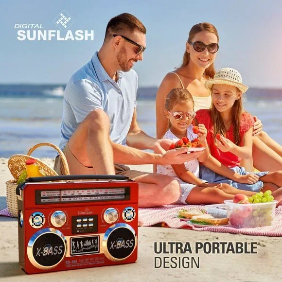 Red Portable Retro AM/FM/SW 3-Band Radio With Bluetooth & Flash Light Boombox